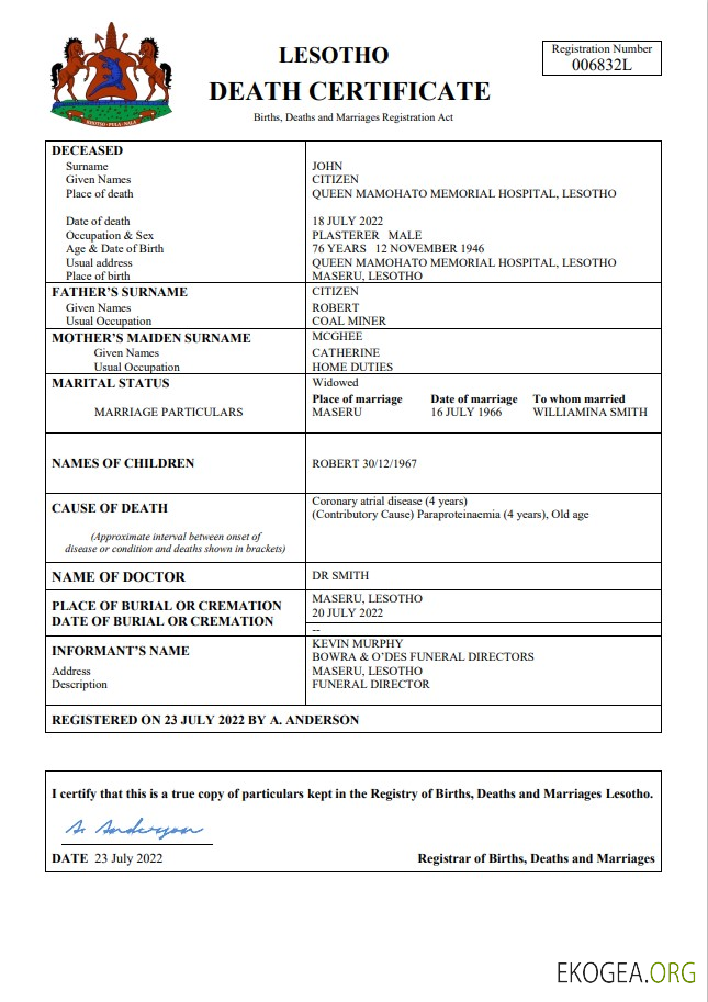 Modèle Word et PDF de certificat de décès de l'état civil du Lesotho
